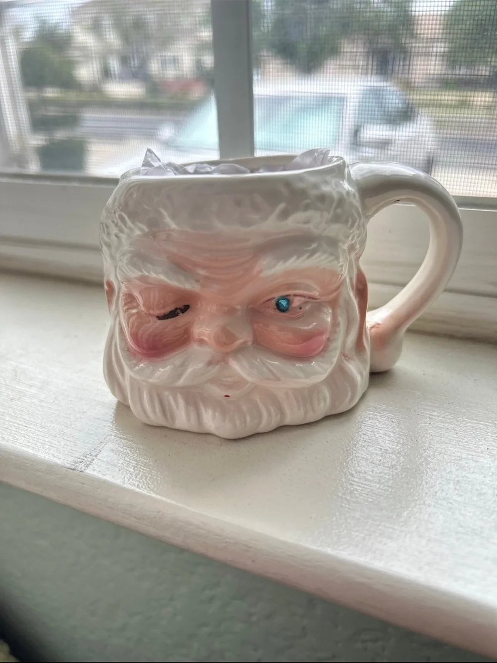 Rare super cute vintage winking Santa mug rhinestone EuC